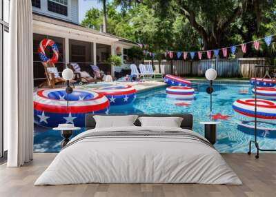 A backyard pool party with inflatable patriotic pool floats and decorations.  Wall mural