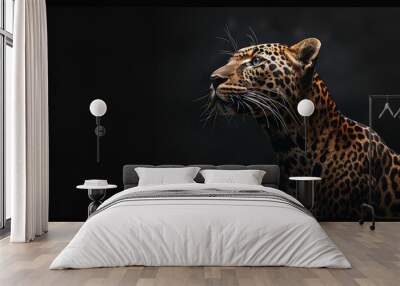 A dynamic image featuring the powerful presence of a leopard against a sleek black background, with its intense gaze and sleek silhouette making it a captivating subject for a 4K wallpaper. Wall mural