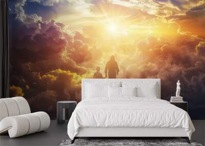 A symbolic representation of divine guidance and protection as Jesus Christ leads a child to heaven.  Wall mural