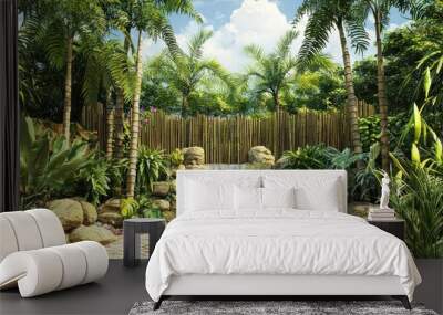 A tropical-themed zoo background with palm trees, bamboo, and exotic plants surrounding the area. Wall mural