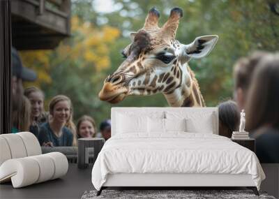 A zoo worker feeding a giraffe with visitors watching. Wall mural