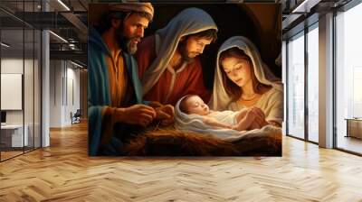 Holy family with baby jesus in the crib in style of raffael baroque painting, christnight Wall mural