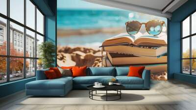 summer holiday background with sunglasses and beach Wall mural