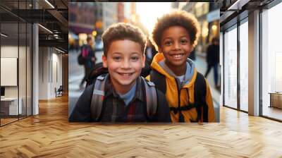 Two boys in a black backpack walking with other children, in the style of joyful and optimistic, new york school, african influence, soft-focus portraits, detailed facial features Wall mural