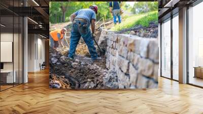 Workers installing a retaining wall for landscaping.  Wall mural