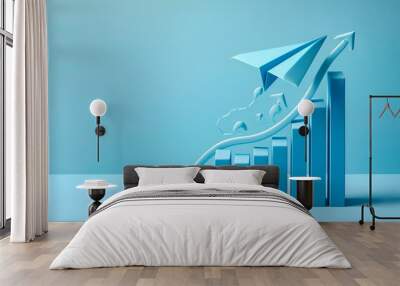 Growth graph isolated on blue background with blue paper plane, a banner with space for text Wall mural