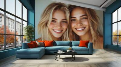 Two smiling best girl friends blond and brunette on white background. Closeup face portrait of two young beautiful women, Generative AI Wall mural