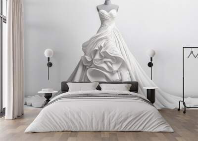 An ideal representation of an elegant white bridal gown displayed on a mannequin, epitomizing bridal grace. Wall mural