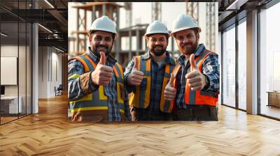 Engineers in vests and helmets thumbs up at construction site, workers, good job Wall mural