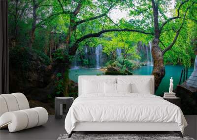 Beautiful waterfalls over emerald water in deep green forest in Kursunlu Natural Park, Antalya, Turkey Wall mural