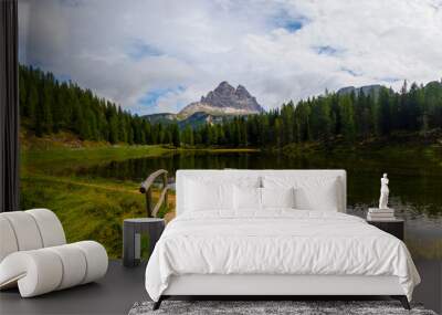 Landscape of Antorno lake with famous Dolomites mountain peak of Tre Cime di Lavaredo, Italy Europe. Wall mural