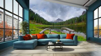 Majestic landscape of Antorno lake with famous Dolomites mountain peak of Tre Cime di Lavaredo in background in Eastern Dolomites, Italy Europe. Wall mural