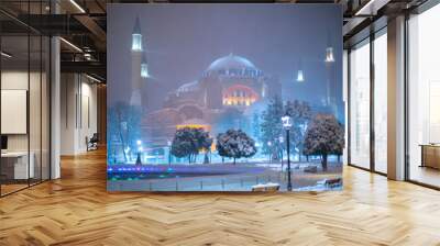 Night snow view of Hagia Sophia and its surroundings Wall mural