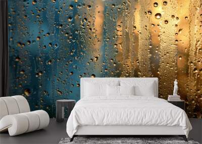 Abstract patterns created by raindrops on various surfaces, focusing on the interplay of light and reflections Wall mural