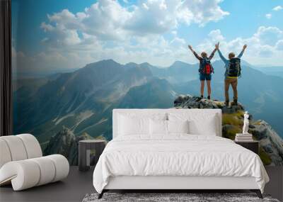 Epic mountain landscape with two hikers celebrating on top Wall mural