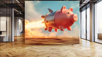 Finances take of concept, with piggy bank flying with rocket propulsion Wall mural