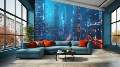 Futuristic Data City Skyscrapers on blue background. Metaverse smart technology Business concept. Internet Connections, global technological communication network Wall mural