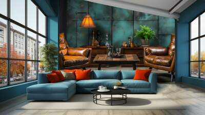 Shabby leather brown sofa and two retro chairs. Art deco style interior design of modern living room Wall mural