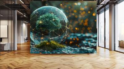 Technology and environmental sustainability concept. A tree is growing in the glass ball surrounding with digital technology. Environmental sustainability and technology development Wall mural