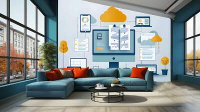 the latest document management technologies in action, featuring smart devices, cloud-based collaboration, and advanced software solutions that enhance organizational productivity Wall mural