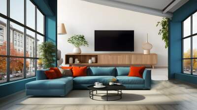 Wooden tv unit in spacious room. home interior design of modern living room Wall mural