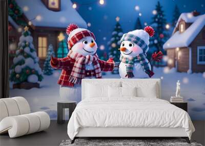 Mr. and Mrs. Snowman dancing under the snow together Wall mural