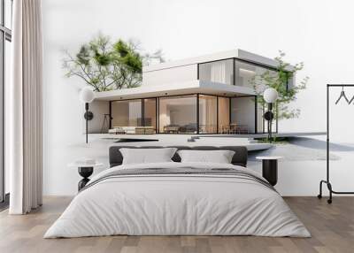 Architectural 3D illustration of modern minimal house on white backdrop Wall mural