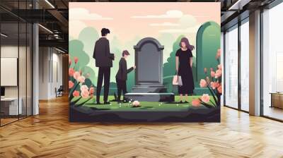 Cartoon mourning people at graveyard flat vector illustration. Men and women standing near tomb with gravestone, flowers and wreath. Grieving and crying family at funeral. Death, grief concept Wall mural