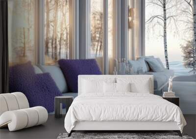 Northern sunlit Swedish porch with lavender pillows and white settees. Wall mural