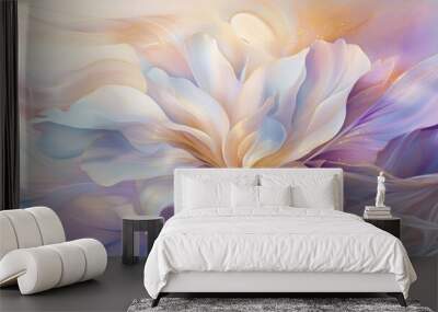 Opalescent opulence unfolds in a surreal scene, where golden tendrils intertwine on a background of iridescent lavender and teal, enhanced by enchanting light rays and bokeh. Wall mural