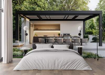 Outdoor kitchen featuring a modern pergola with a dining area and black steel frame. Wall mural