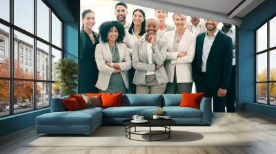 Group, diversity and portrait of team in business together with arms crossed at work, company teamwork and collaboration in the workplace. People, face and happy working in professional office Wall mural