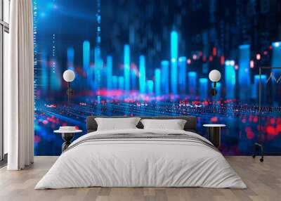 A 3D coin background with a blue finance graph and investment bar, showcasing growth and success in the market with technology and currency reports Wall mural