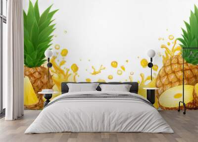 natural whole and sliced Pineapple and juice splashes Wall mural