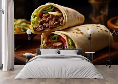 Traditional mexican burrito with beef and vegetables on wooden background Wall mural