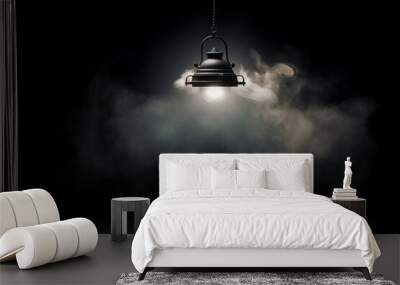 Two black hanging lamps with smoke on dark background. 3D rendering Wall mural