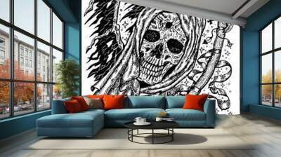 Black and white engraved illustration of scary death skull or grim reaper holding scythe. Mystic background for Halloween, esoteric, gothic, occult concept, tattoo sketch Wall mural