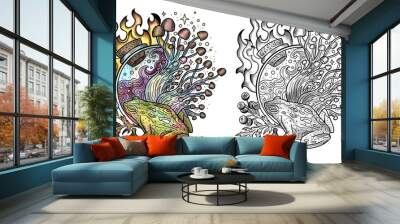 Celestial mystic mushrooms with magic and floral decorative design elements, frog, witchcraft symbols isolated on white. Esoteric and witchy objects, tattoo concept, hand drawn colorful clipart Wall mural