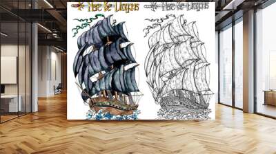 Design set with black and monochrome old sailing ship isolated on white. Watercolor nautical doodle illustration, fantasy adventure and vintage transportation concept Wall mural