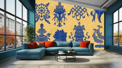 Design set with eight blue silhouttes of auspicious symbols of Buddhism. Wall mural