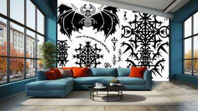 Design set with gothic symbols and winged evil demon on white. Esoteric, occult and Halloween concept, mystic vector illustrations for music album, book cover, t-shirts Wall mural