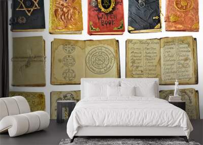 Design set with old witch books and manuscripts with spell isolated on white Wall mural