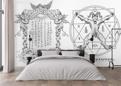 Graphic set with devil in circle and religious frame Wall mural