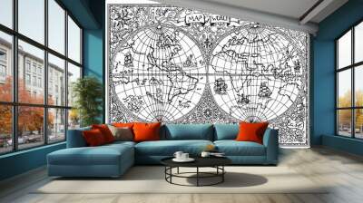 Hand drawn illustration of ancient atlas map of world with mystic symbols Wall mural