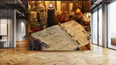 Magic book with spells, lavender bunch and black candle on witch table. Wall mural