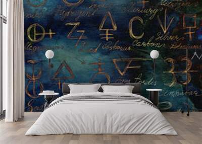 Mystic background with shining alchemic signs and symbols Wall mural