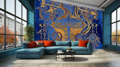 Mystic styled illustration with occult, esoteric and gothic symbols, snake and pentagram against blue background, Halloween concept Wall mural