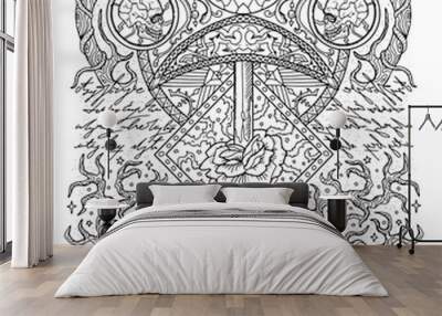 Mystic vector illustration with spiritual handwritten letters, occult, esoteric and gothic symbols, black and white coloring page Wall mural