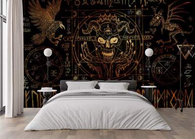 Ouija magic spiritual board design with runes and devil face on black texture background. Wall mural