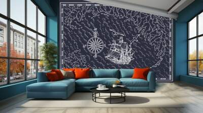 Pirate treasure map with sailing vessel, compass and frame on blue background. Pirate adventures, treasure hunt and old transportation concept. Hand drawn vector illustration, vintage background Wall mural